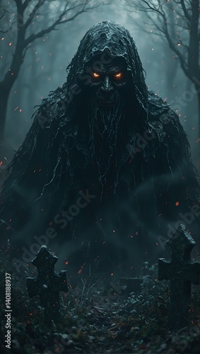 Eerie specter with black mask hovers in graveyard eyes gleaming malevolently Dark energy swirls as whispers haunt the night