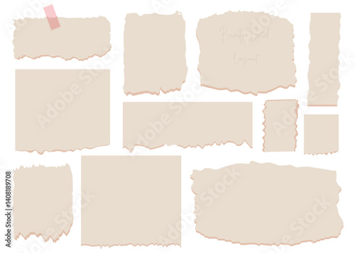 Trendy bento grid layout style brick Ui UX templates. Yellow and grey colors.Web comic grids, rounded corners. Different Paper notes with pin Vector illustration	
