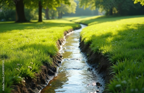 Stream flows through park lawn. Water drainage ditch system in green nature landscape. Grass, trees, sunlight reflections on water surface. Environment, eco concept, urban design, summer background.