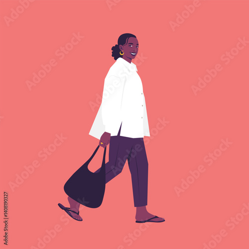 Stylish young African woman walking with a tote bag. Fashion and lifestyle. Vector flat illustration in warm colors