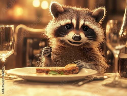 Raccoon enjoying a meal at a restaurant, a charming scene of a masked mammal indulging in a civilized dinner setting.