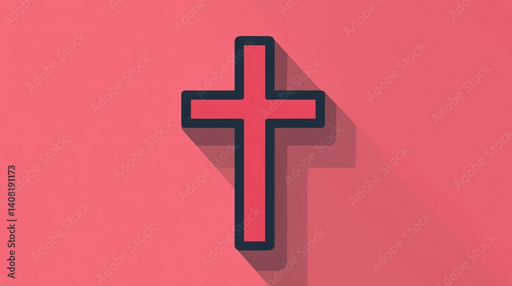 Obraz premium Minimalist flat icon of a cross featuring clean lines and a shadow effect on a pink background