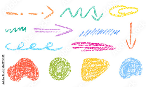 Set of arrow, line and speech bubble drawn with crayon texture