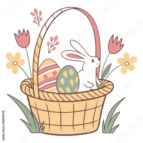 Cute Easter Bunny and Eggs in Basket Illustration. Easter Basket Logo for  for Branding & Mockups