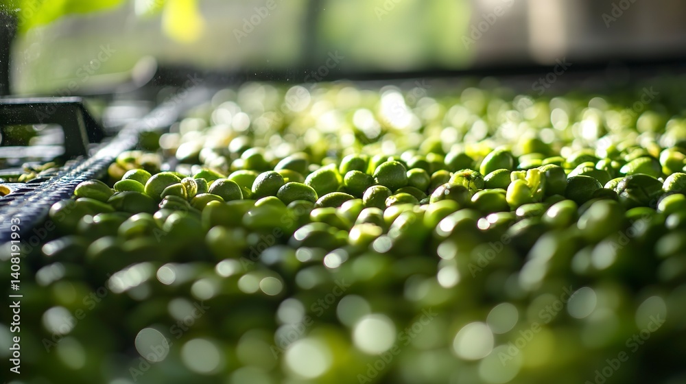 Fototapeta premium Green coffee beans displayed before roasting process in a processing facility at midday