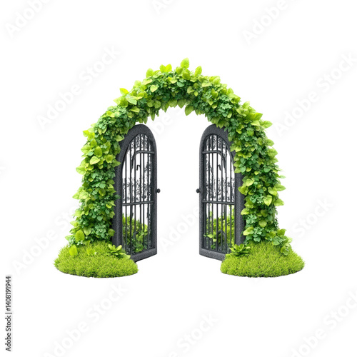 Open Garden Gate Archway with Lush Green Vines and Grass photo