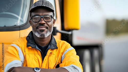 Smiling Truck Driver Posing Beside a Yellow Truck During Daylight Hours