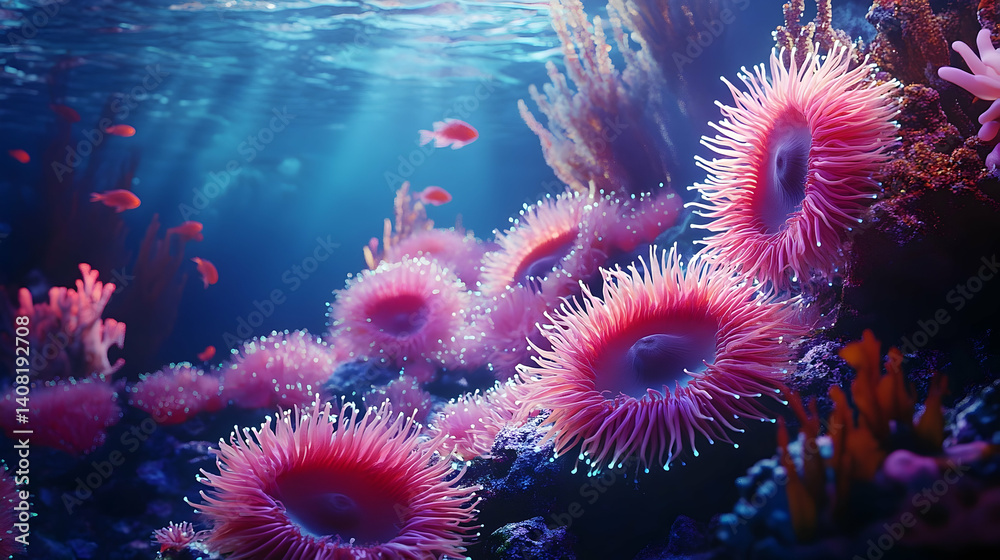 Naklejka premium Vibrant coral reef teeming with anemones and fish.