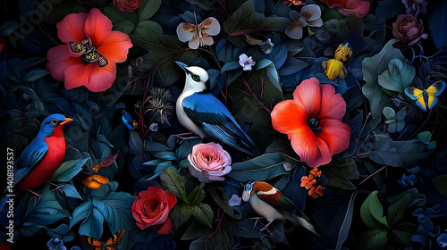 Vibrant Birds Among Lush Tropical Flowers in a Dark Botanical Garden Setting with Colorful Hibiscus Roses and Butterflies