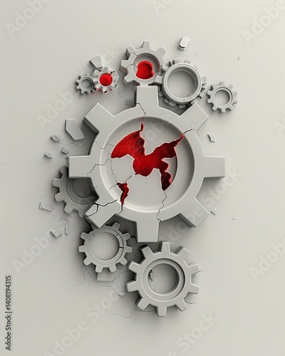 Minimalist System Failure: Interlocked Grey Gears with One Broken Red Tooth