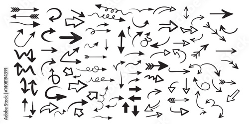 Hand Drawn Arrow Collection – 100+ Black Sketch Style Arrows (Curved, Straight, Zigzag, Loop) on White Background for Design, Presentations, Infographics & Directional Graphics

