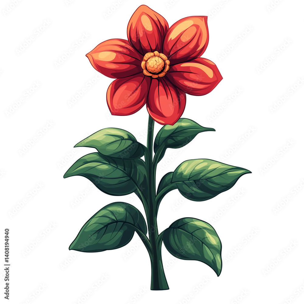 Obraz premium A single red flower with dark green leaves on a black background a botanical illustration