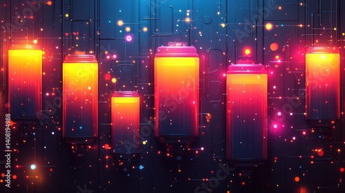 Vibrant digital illustration of glowing battery icons against a futuristic circuit board background photo