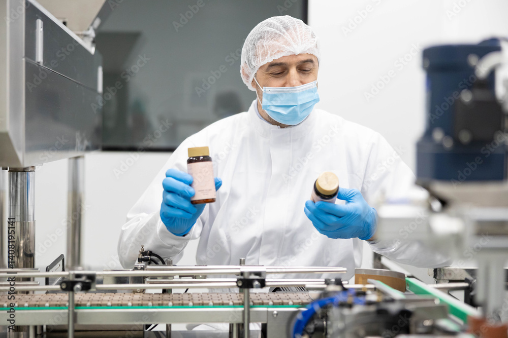 Naklejka premium A focused health professional inspecting product labels in a lab, ensuring standards and quality in the cosmetic industry.