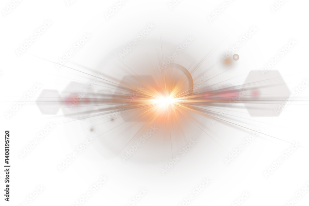 Golden flare light glistens smoothly on transparent PNG layer. Star light shines in perfect circular sparkle motion. Sun flush fades softly with warm yellow tones. Glowing light overlays