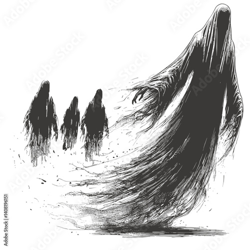 Ghostly figures emerging in dark, haunting illustration  