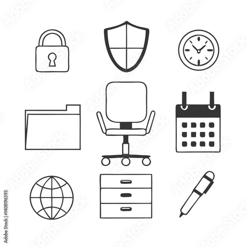 A productive workday unfolds, symbolized by a desk chair, calendar, global network, security shield, and time management, all in a simple, clean line art style.
