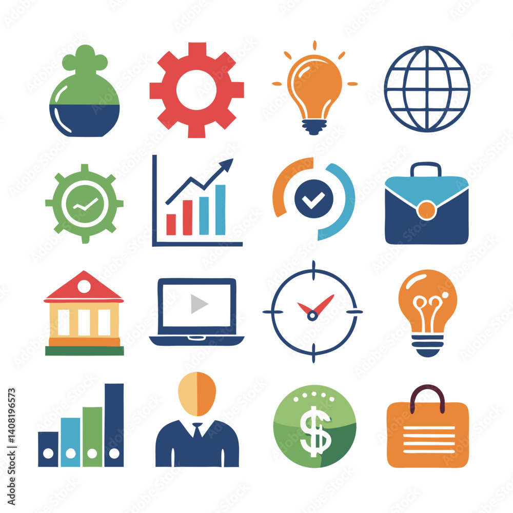 A vibrant collection of business icons depicting growth, innovation, and financial success with a flat design style and bright color palette. A vibrant collection of business icons depicting growth, innovation, and financial success with a flat design style and bright color palette.