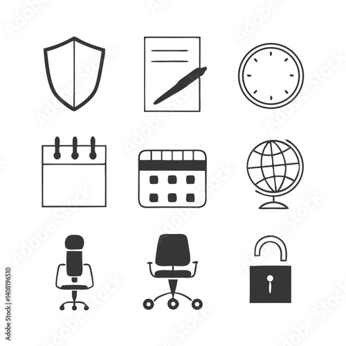 A simple set of hand-drawn icons depicting office life, schedule, security, and global reach with a clean, minimalist style in grayscale.