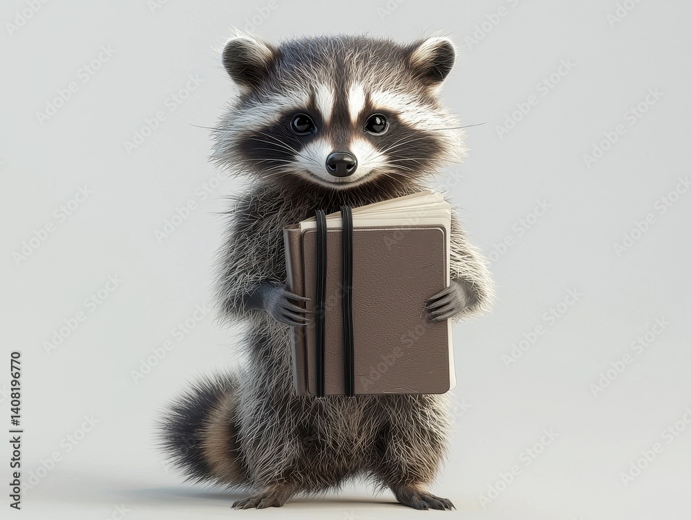 Fototapeta premium An adorable raccoon standing upright holding a bound book against a plain, light background. The raccoon looks directly at the viewer.