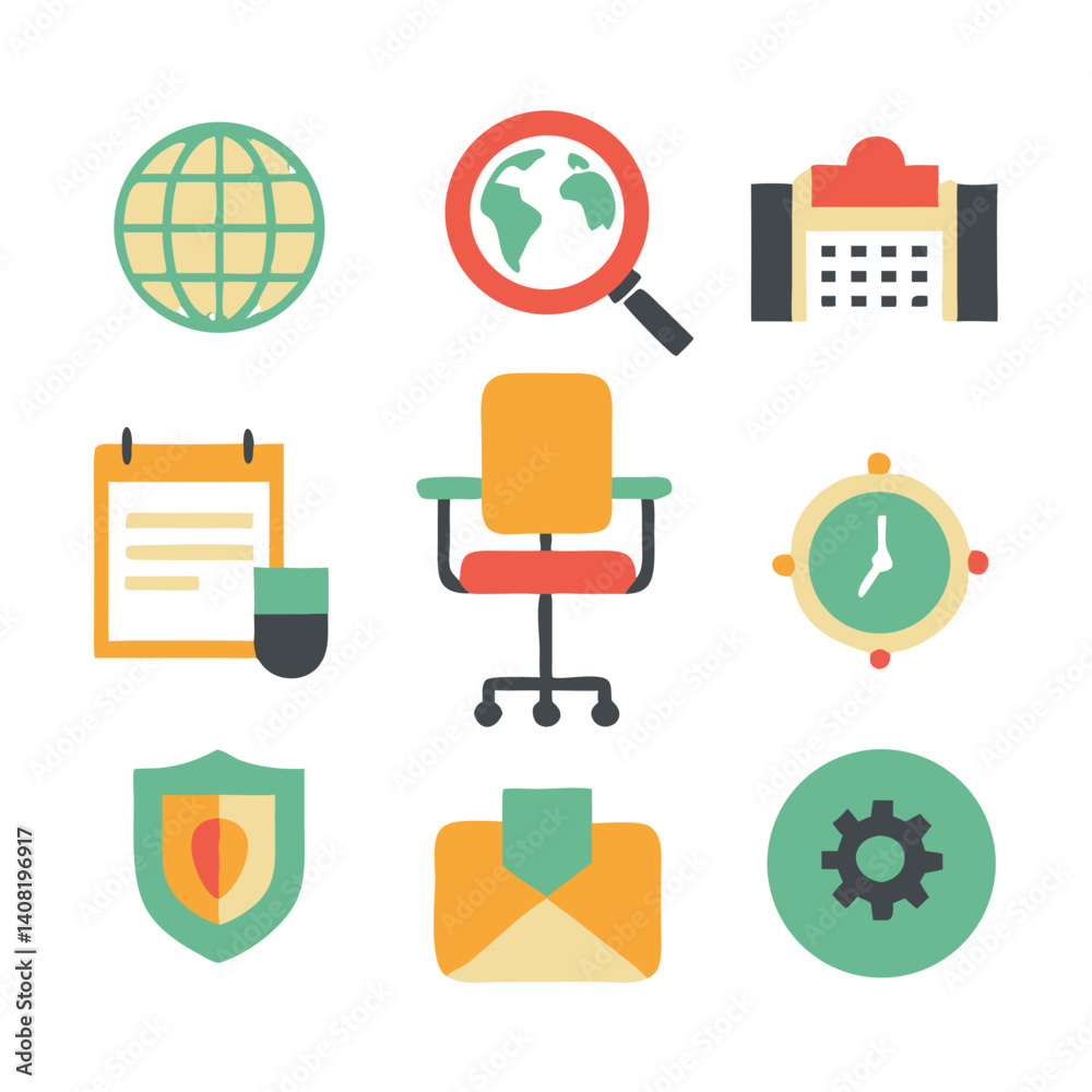 A vibrant collection of office icons depicting global reach, scheduling, security, and productivity with a playful, hand-drawn style and a cheerful color palette. A vibrant collection of office icons depicting global reach, scheduling, security, and productivity with a playful, hand-drawn style and a cheerful color palette.