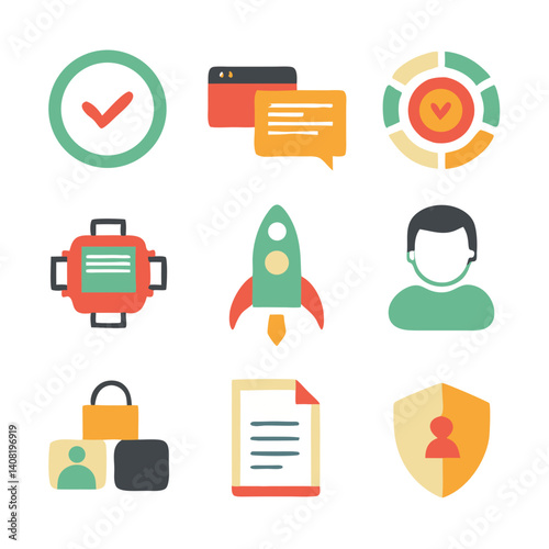 A vibrant collection of icons depicting successful teamwork, secure data, innovative ideas, and rapid growth, using a playful, hand-drawn style with bold colors.