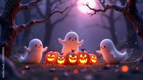 Halloween night scene a funny spring celebration concept with colorful pumpkin toys photo