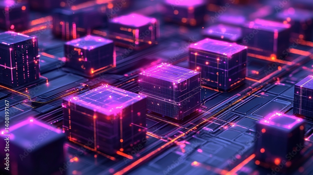Abstract digital landscape featuring glowing purple cubes and intricate circuitry patterns Abstract digital landscape featuring glowing purple cubes and intricate circuitry patterns