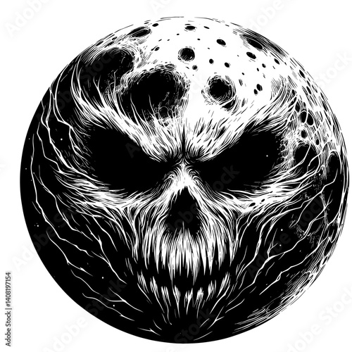 Dark Moon with Skull Illustration in Black and White  