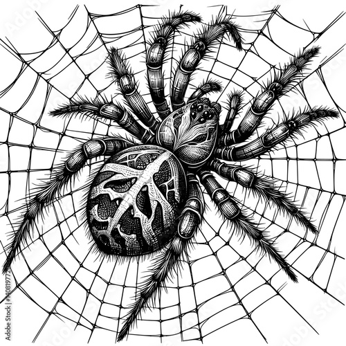 Realistic spider weaving a web in monochrome illustration  