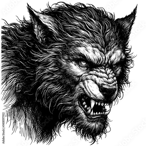 Werewolf Howling Fiercely in Black and White Illustration  