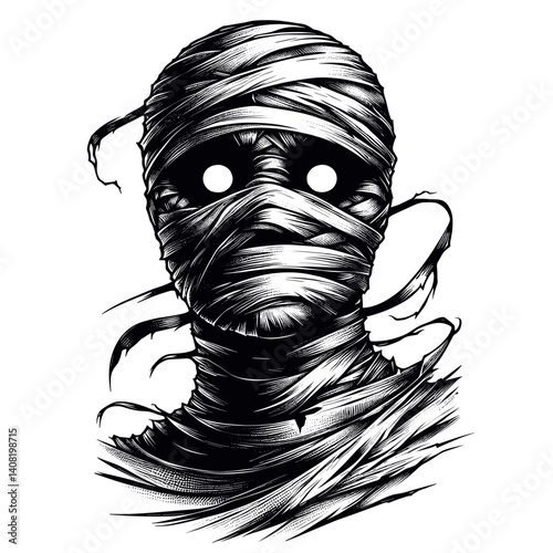 Mummy character illustration with wrapped bands on a white background  