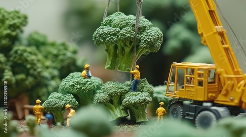 Miniature broccoli harvest using a crane and tiny workers. photo