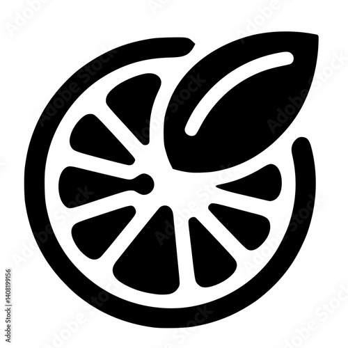 A captivating abstract minimalist illustration of a sliced citrus fruit with a leaf, the image conveys freshness and natural goodness