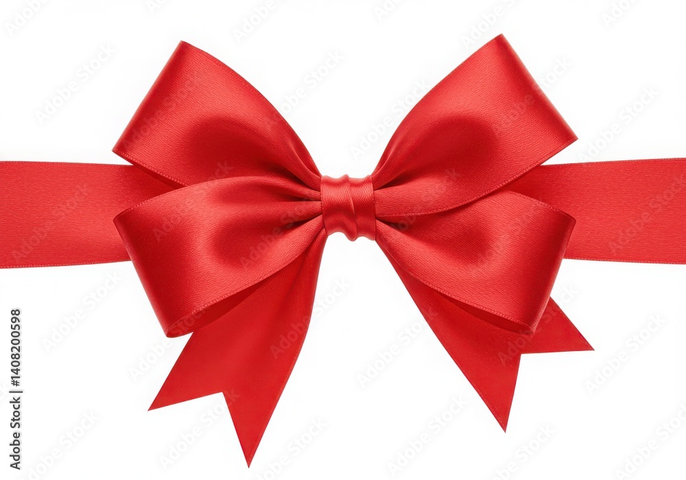 Fototapeta premium A vivid red satin bow tied on a horizontal ribbon against a clean white isolated background look