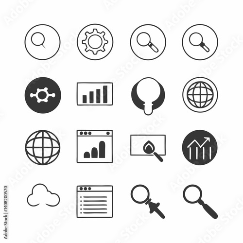 A comprehensive set of sleek, minimalist search and data analysis icons conveying efficiency and insightful global connectivity in a simple, modern design.