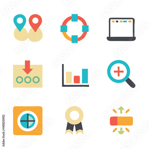 A vibrant collection of playful hand-drawn icons depicting data, location, connection, and achievement, showcasing a fun, friendly, and approachable style with bold colors and simple lines.