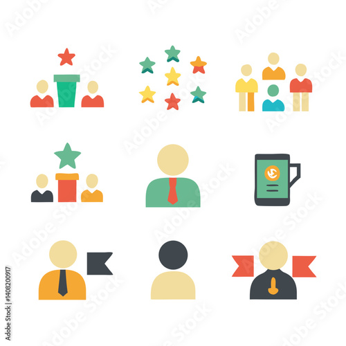 A vibrant collection of icons celebrating teamwork, leadership, and achievement, showcasing diverse individuals striving for success with a flat design style.