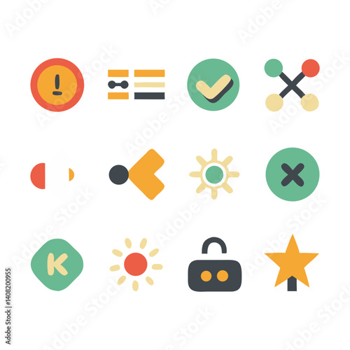 A vibrant collection of playful icons depicting actions, directions, and status updates with a cheerful, rounded design and pastel color palette.
