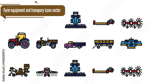 Farm equipment and transpory icons vector