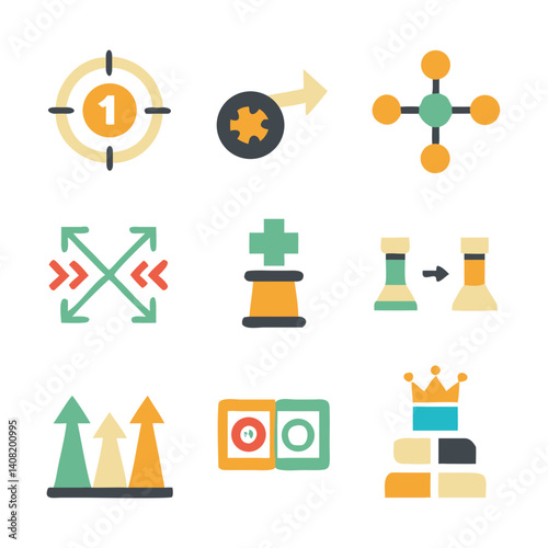 A vibrant collection of playful icons depicting strategic growth, transformation, and achievement with bold colors and a minimalist style.