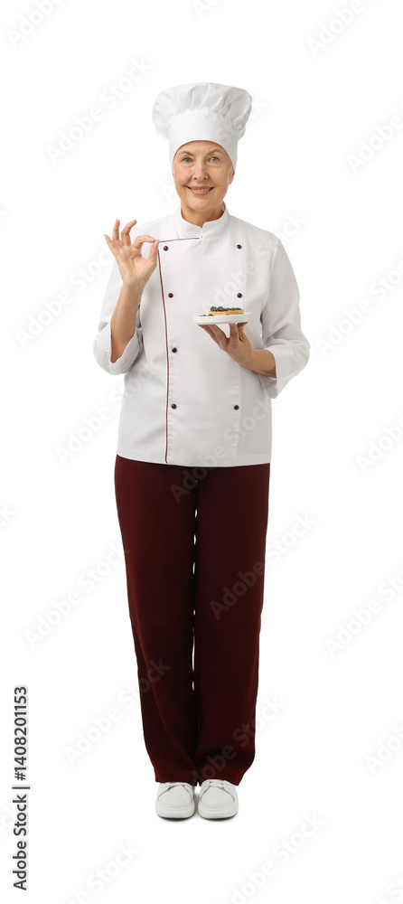 Professional pastry chef with tart showing okay gesture on white background Professional pastry chef with tart showing okay gesture on white background