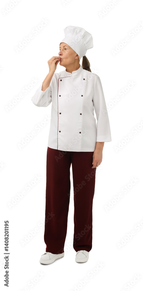 Professional confectioner doing chef's kiss on white background Professional confectioner doing chef's kiss on white background