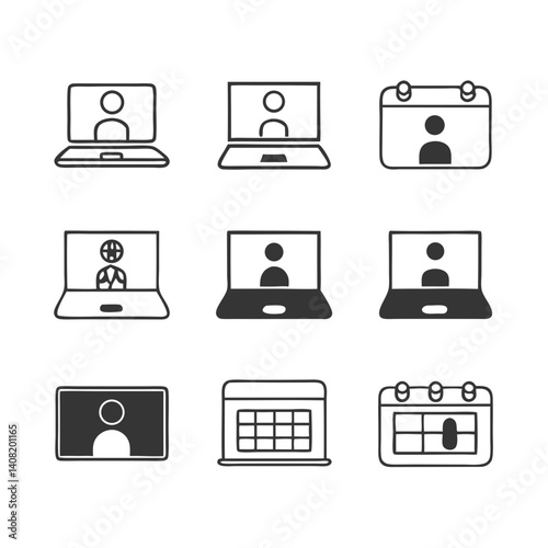 Simple icons showcasing online meetings, scheduling, and virtual appointments using laptops and calendars, designed with a hand-drawn, minimalist aesthetic.