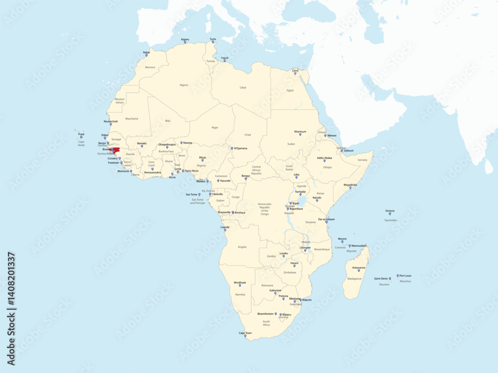 Fototapeta Detailed national location map of GUINEA-BISSAU within the great continent of Africa