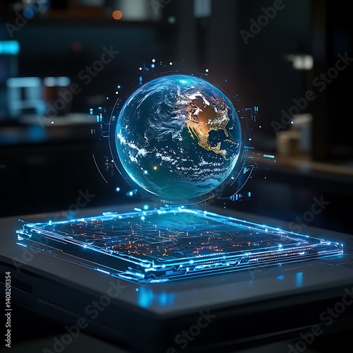 3D floating Earth projection with glowing lines and digital interface high resolution picture