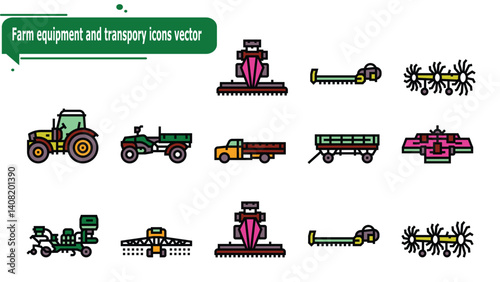 Farm equipment and transpory icons vector