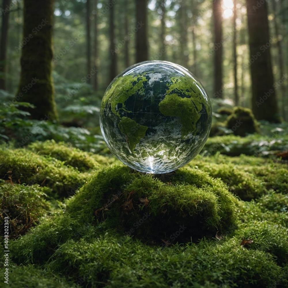 Crystal globe resting gently on lush green moss in a serene forest, symbolizing Earth Day and sustainability. Crystal globe resting gently on lush green moss in a serene forest, symbolizing Earth Day and sustainability.