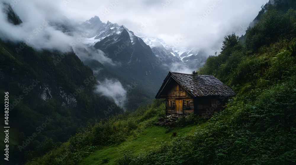 Fototapeta premium A traditional wooden hut with a thatched roof, surrounded by alpine flora and a breathtaking view of the mountain range in the background.