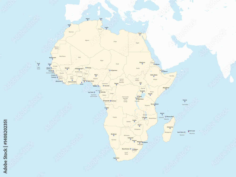 Fototapeta premium Detailed national location map of MAURITIUS within the great continent of Africa